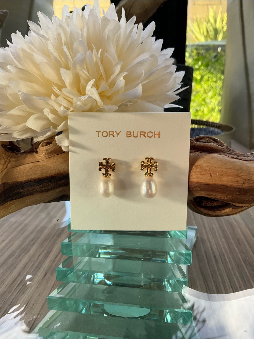 Tory Burch Pearl & Logo Dangle Earrings